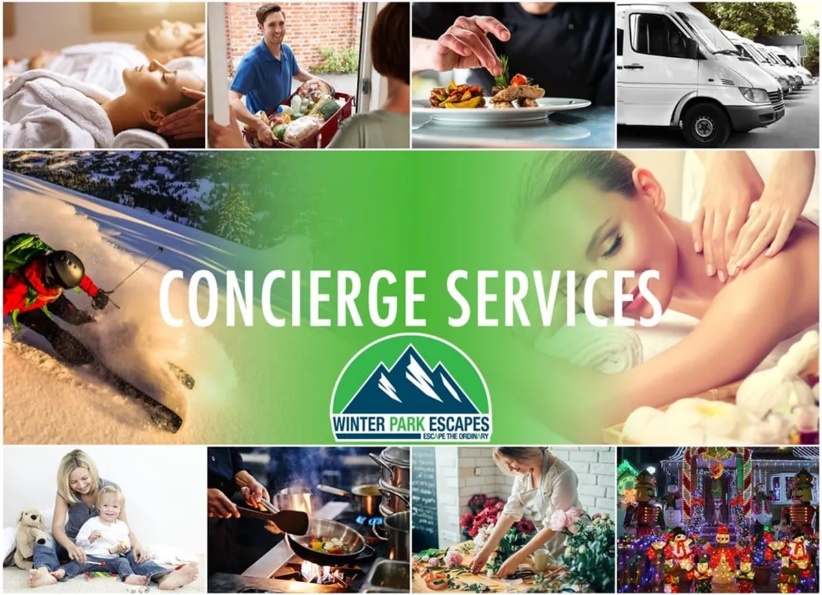 A collage-style interior image showcasing concierge and resort services: spa treatments, gourmet meals, family ski trips, and people enjoying special experiences. The design is inviting and communicates the breadth of personal services and perks available to elevate a stay.