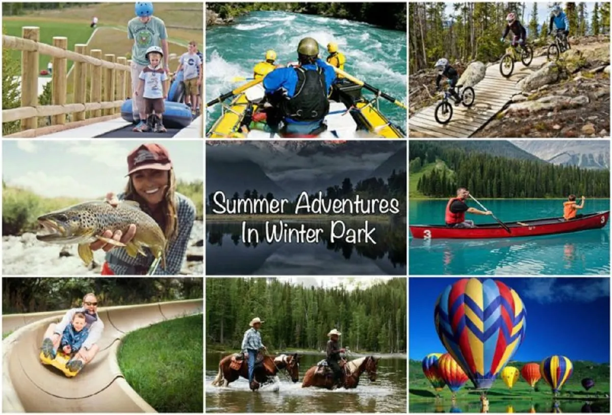 A vibrant, family-friendly montage highlighting children and adults participating in summer adventures such as rafting, biking, horse riding, kayaking, fishing, and even hot air ballooning. The scene conveys energy, excitement, and togetherness in an outdoor setting.