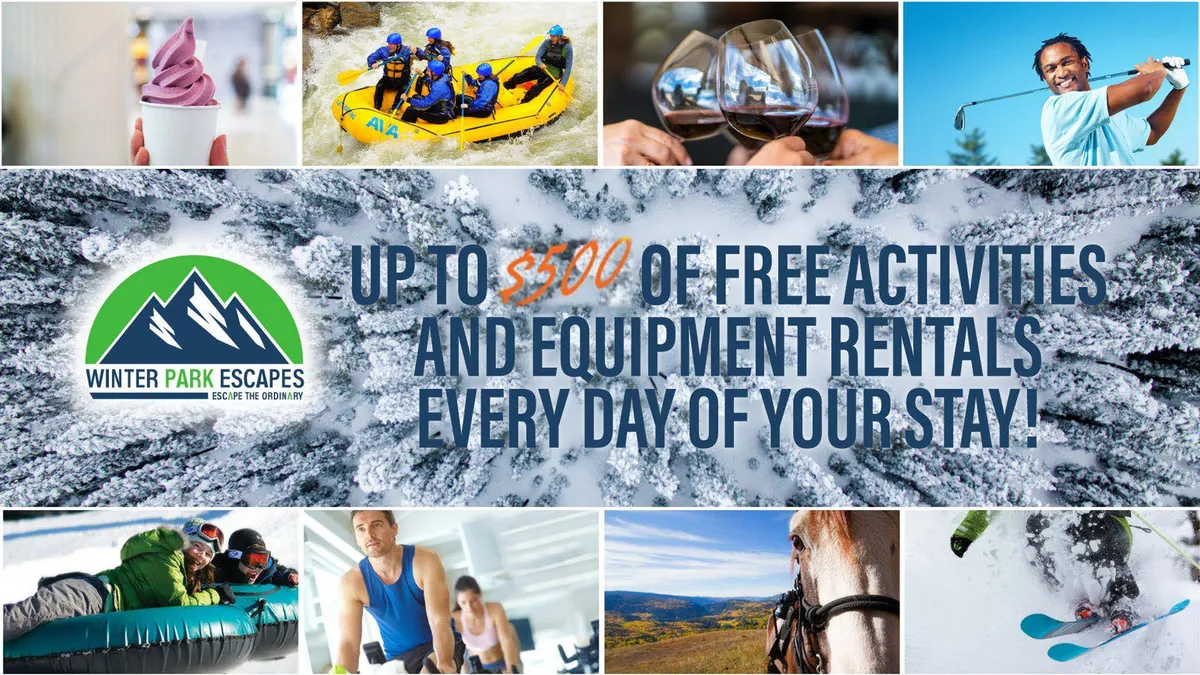 A dynamic interior scene filled with visual references to adventure activities such as rafting, skiing, and horseback riding. Prominent signage and graphics promote free experiences and rentals, reinforcing the home’s connection to exciting outdoor pursuits.